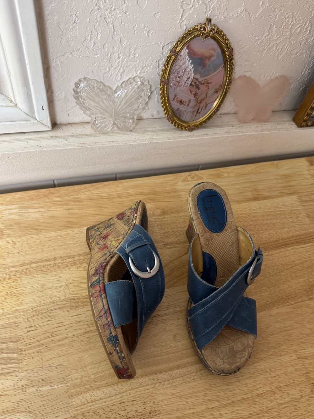 B.O.C. Blue Leather Cork Wedge Slide Sandals Size 7 Y2K Comfort Floral Wedges
